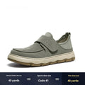Men's breathable perforated fabric casual shoes in khaki green with Velcro closure and round toe