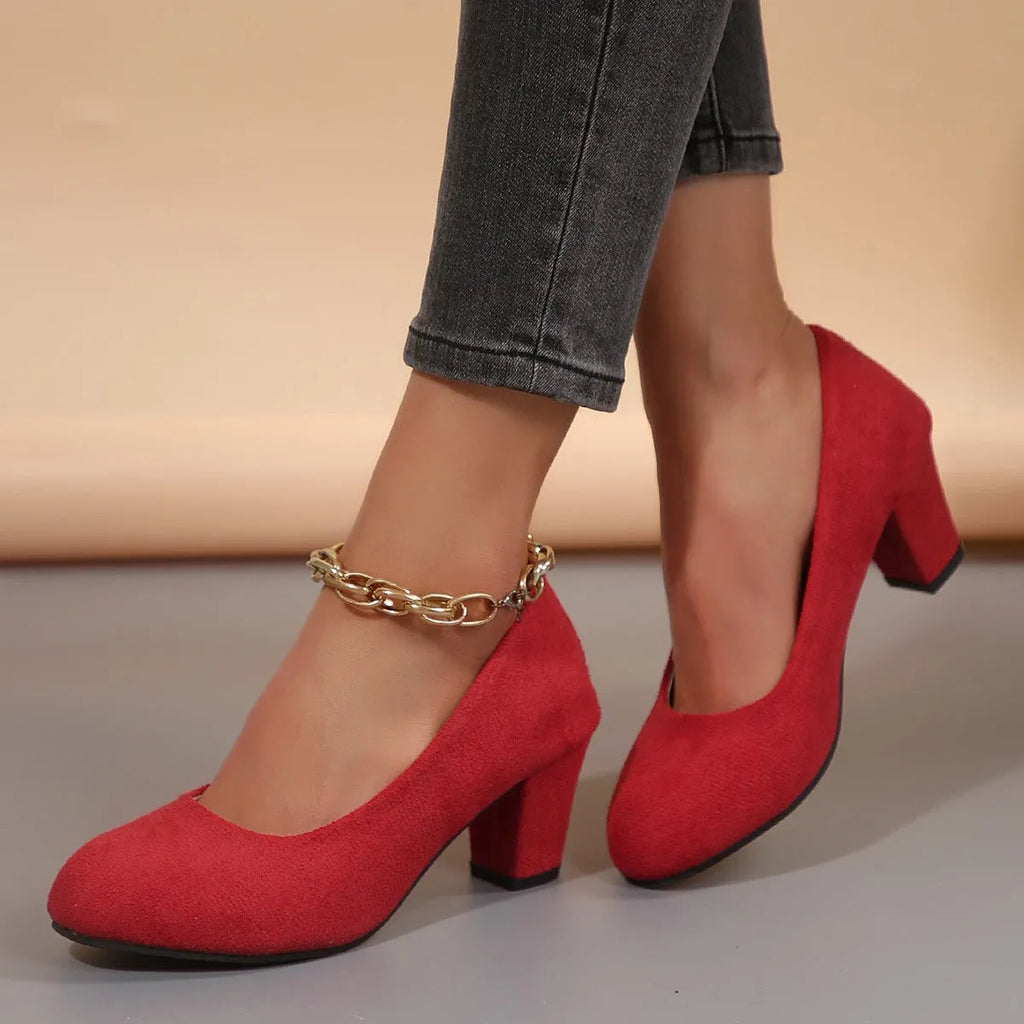 Women's slip-on suede high heels in solid colour, round toe, thick heel