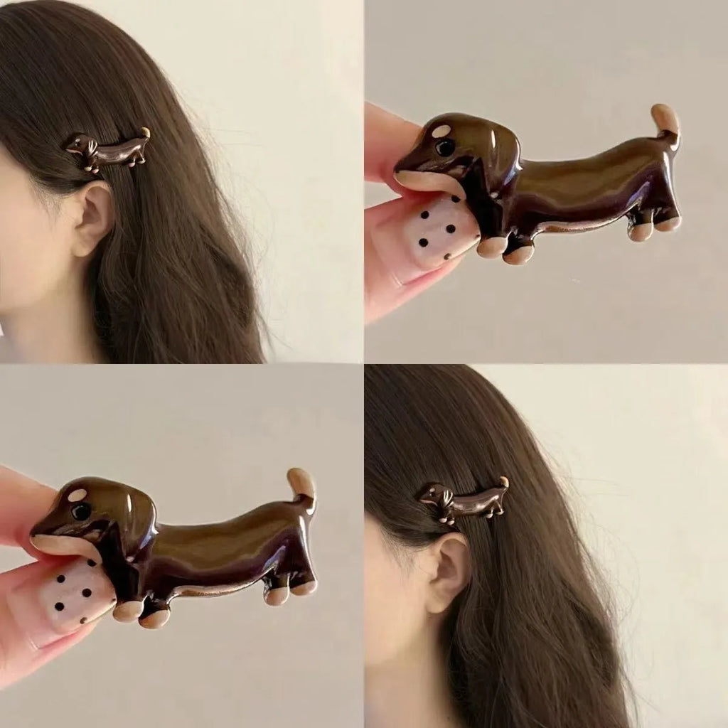 Dachshund dog design hair barrettes with electroplated finish, showing front and back views