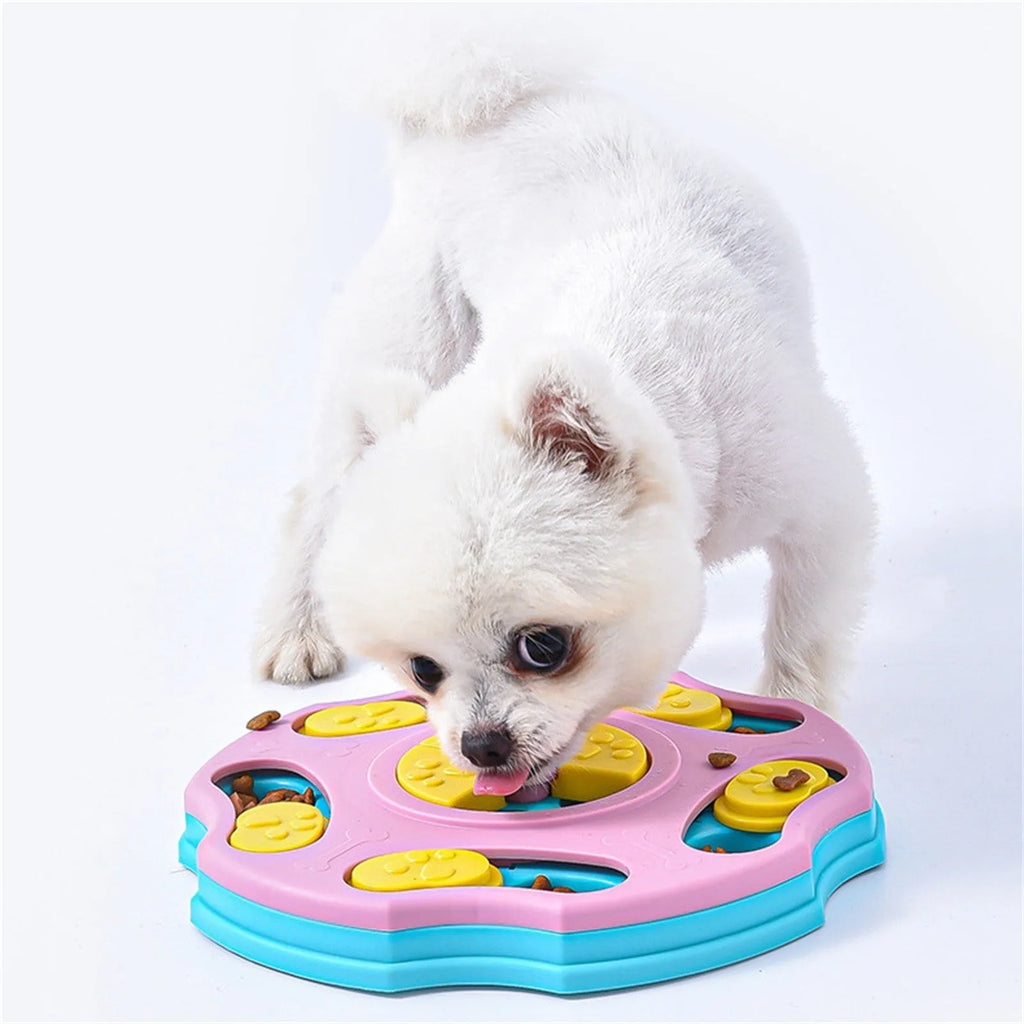 Blue dog puzzle food bowl with sliding compartments for interactive feeding games