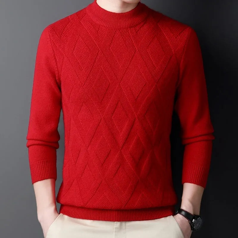 Men's diamond jacquard knit winter sweater in wool polyester blend, showing texture and pullover style