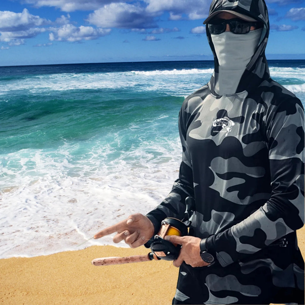Huk long sleeve performance fishing shirt with crew neck and mesh side panels.