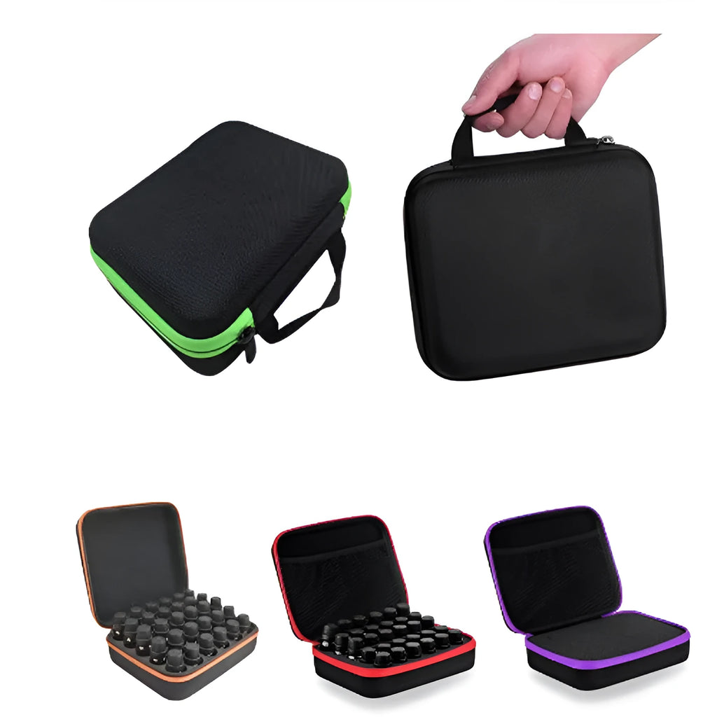 Red EVA essential oil storage bag with 30 compartments for 15ml bottles showing cube shape and zipper closure