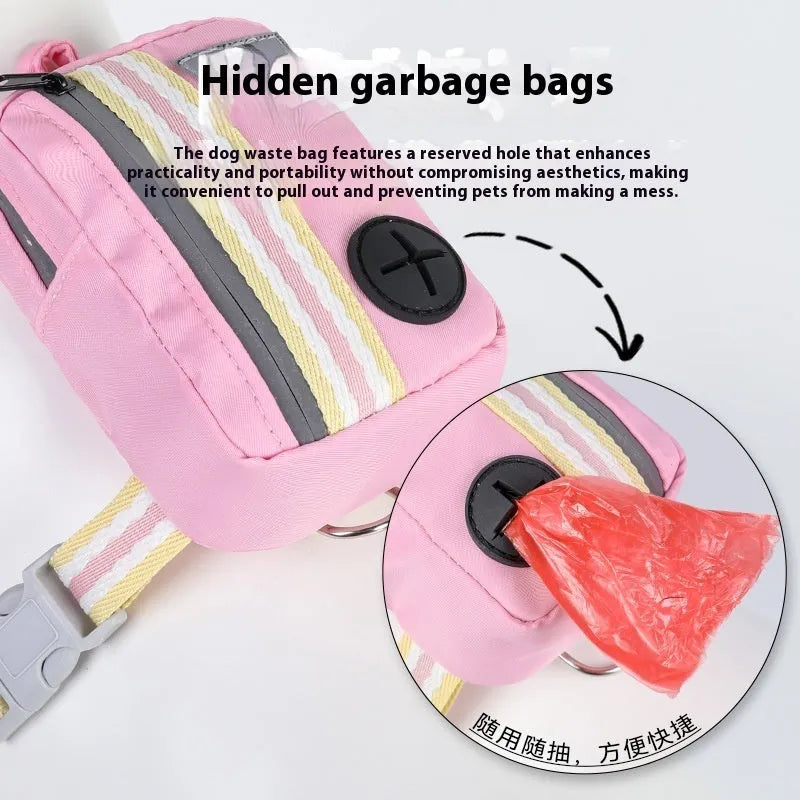 Explosion-proof anti-strangulation dog harness in Oxford cloth with a free 1.5m lead, shown in pink.