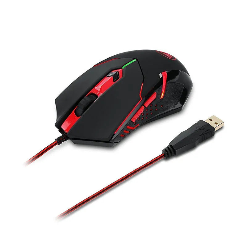 Black and red wired USB gaming mouse on a desk