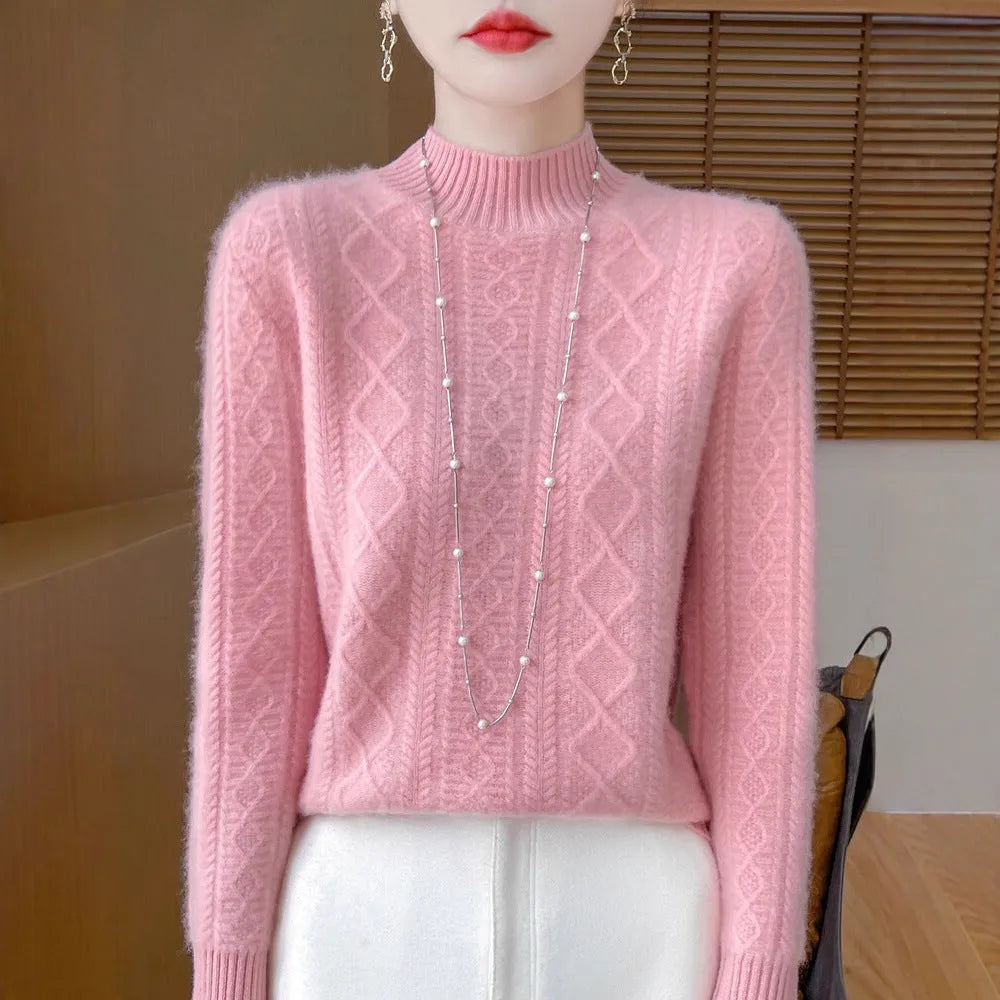 Women's semi-high neck loose knit sweater in solid colour with regular sleeves