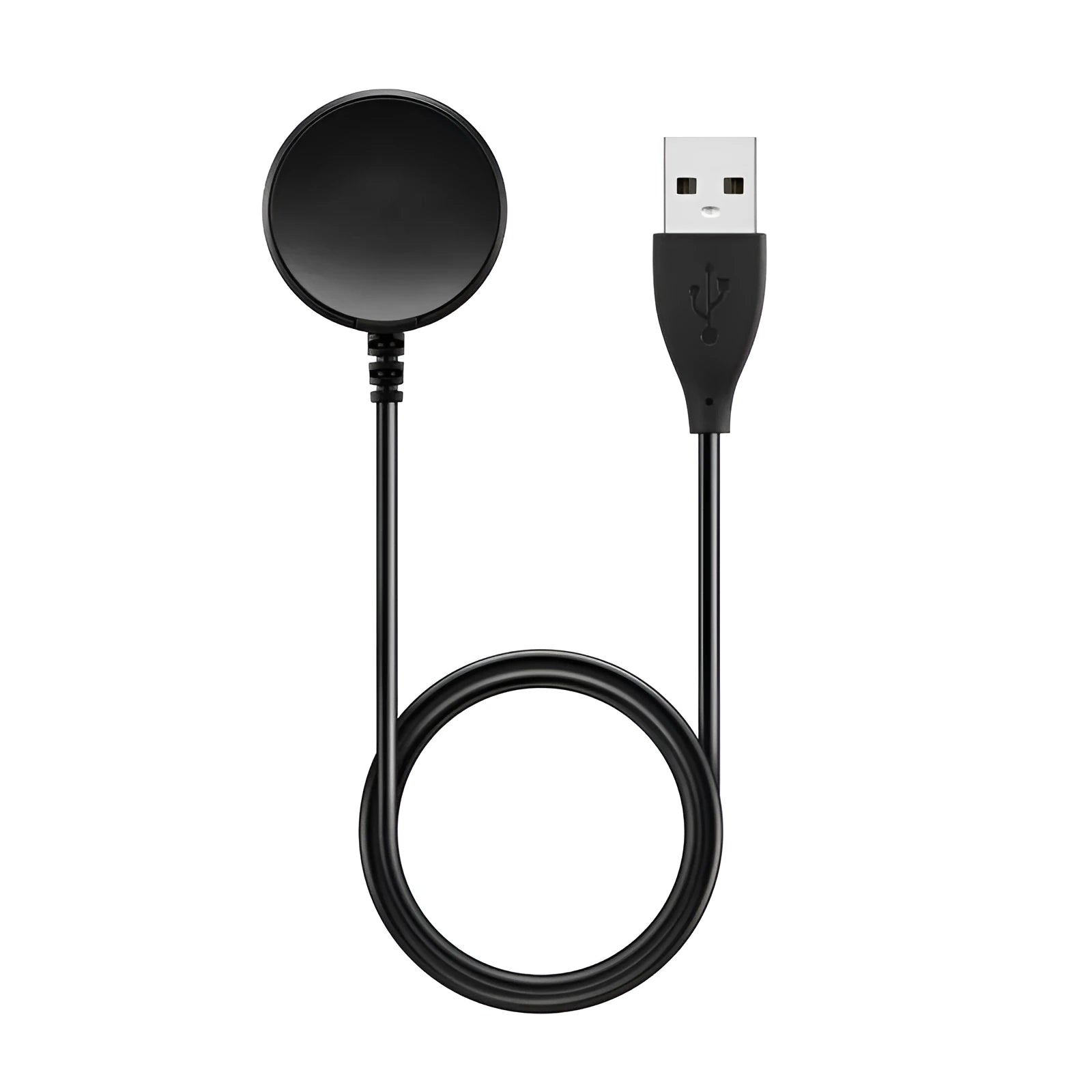 Black plastic USB watch charger with integrated fast charging cable measuring 34mm