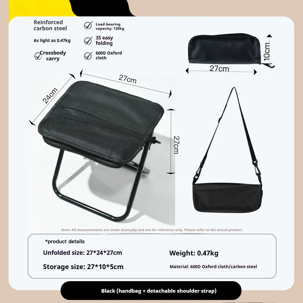 Foldable outdoor camp stool in Oxford cloth, shown in a khaki colour, compactly folded with carry handle.