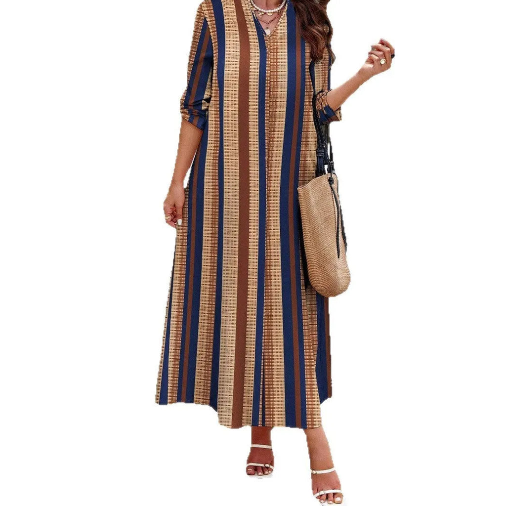 Camel coloured vertical striped V-neck long dress with A-line skirt silhouette