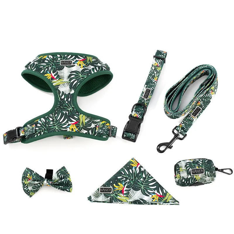 Adjustable cloth pet harness six-piece set with haulage rope, waste bag, and accessories in multiple size codes