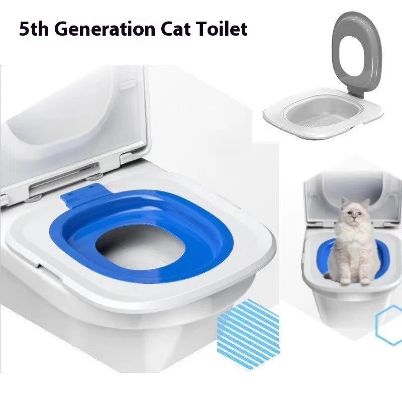 Fifth generation cat toilet trainer with integrated mat in grey, green, and blue colour options