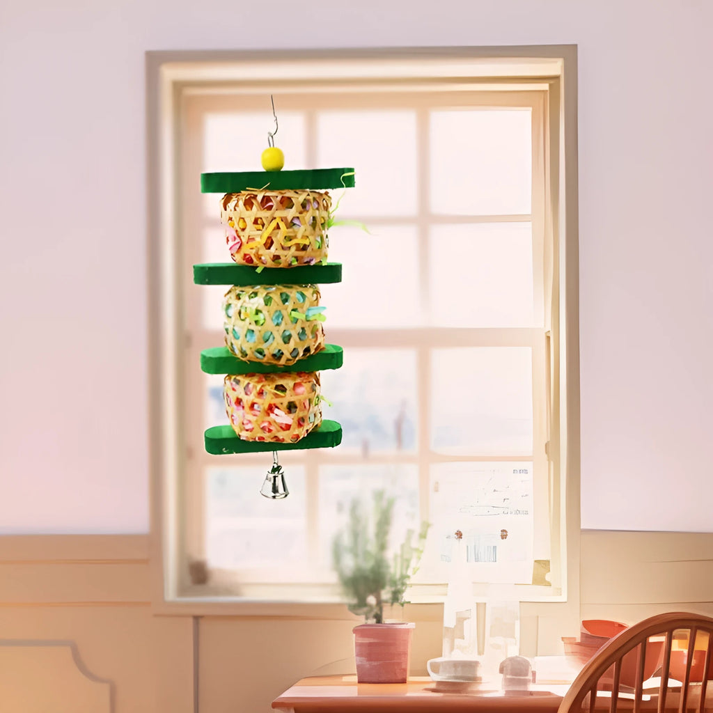 Parrot toy made of wood rattan paper silk woven gnawing skewers 10x25cm natural colour for cage hanging