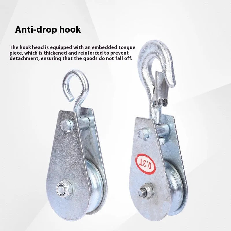 Red industrial steel lifting pulley with a forged ring hook and safety latch for wire rope.