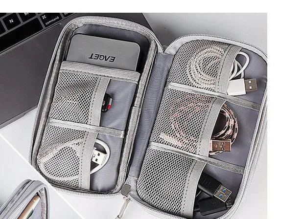 Double-layer waterproof storage bag for data cables, power bank, and USB drives in black