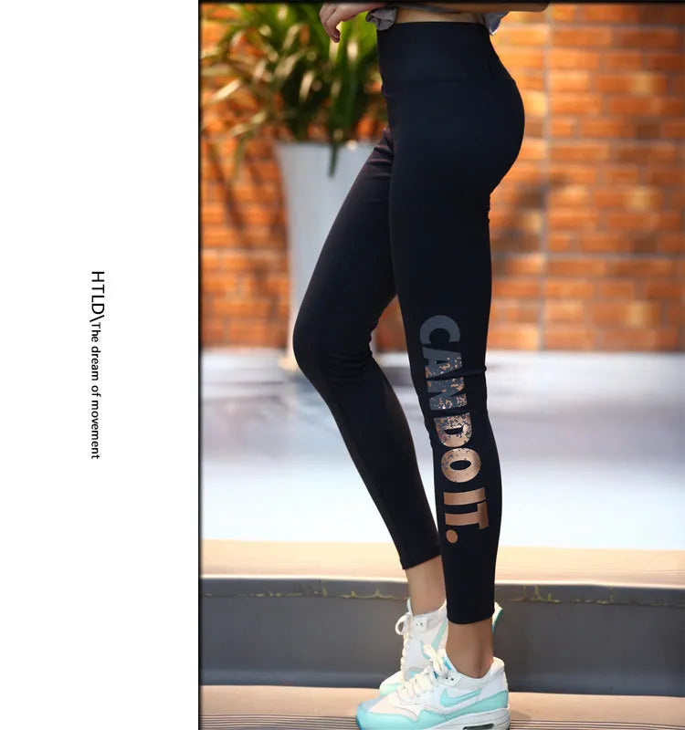 High waist yoga training trousers with bronzing alphabet print for women, elastic chemical fibre blend