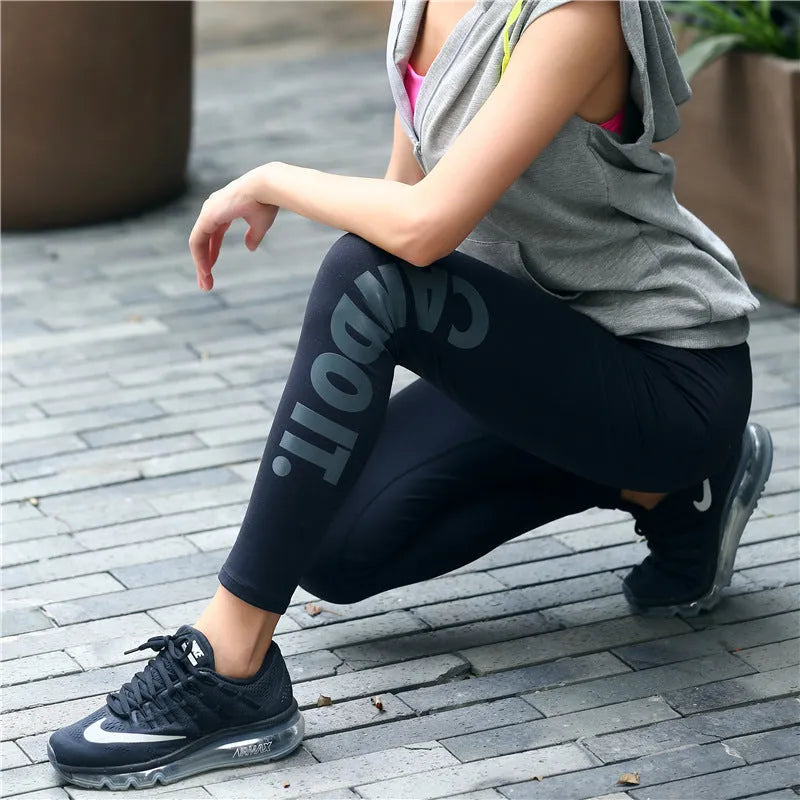 High waist yoga training trousers with bronzing alphabet print for women, elastic chemical fibre blend