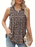 Black plus size women's floral print sleeveless vest with round neck on a hanger.