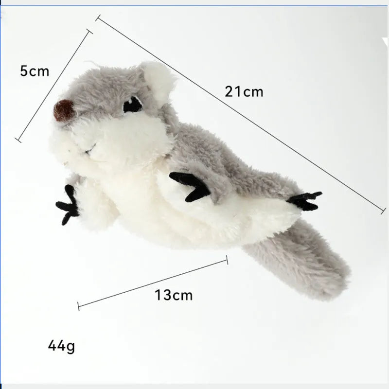 Grey plush squirrel cat toy with flapping wings showing touch-activated motion mechanism