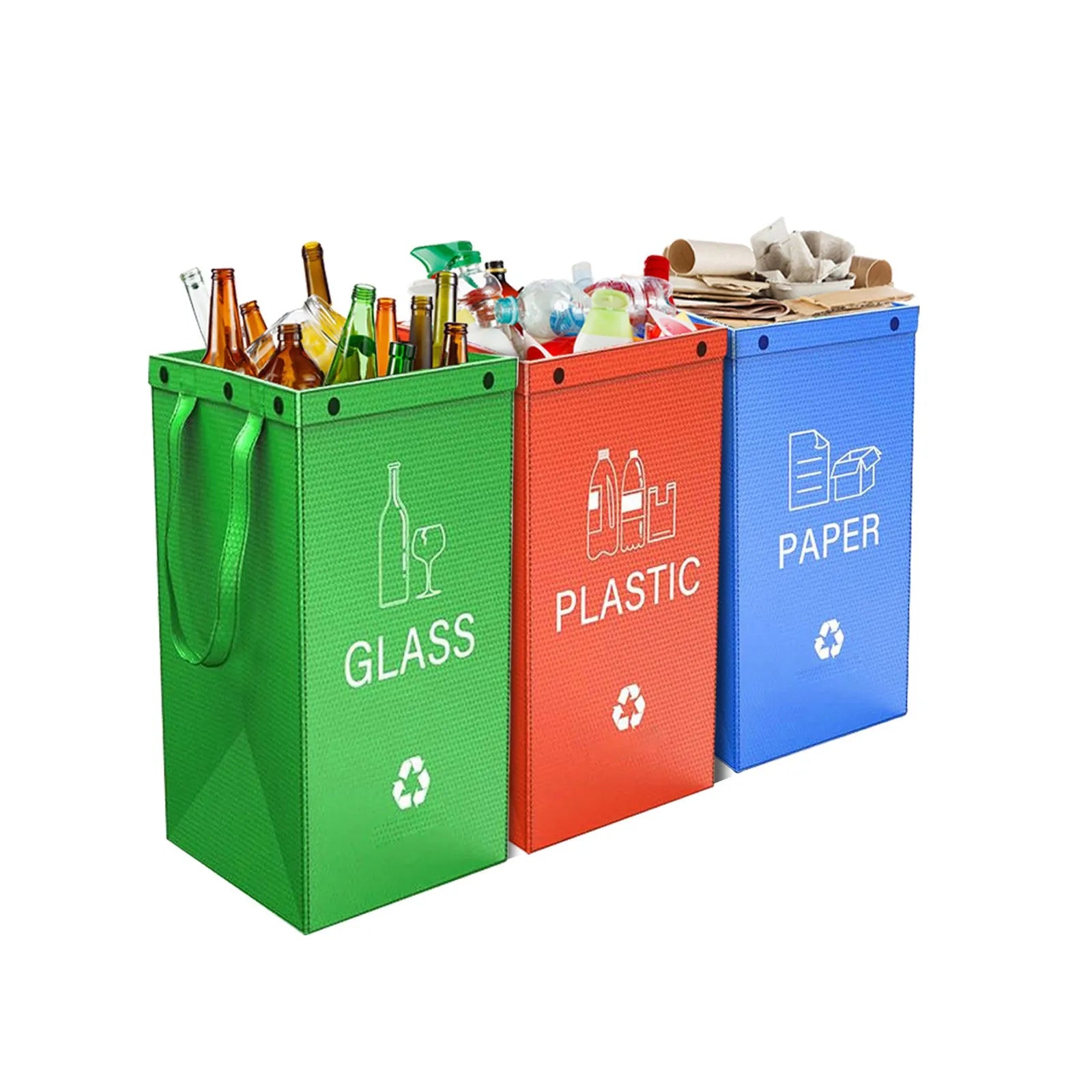 Blue 40-litre plastic handbag-style garbage bin with dimensions 30cm by 50cm by 30cm.
