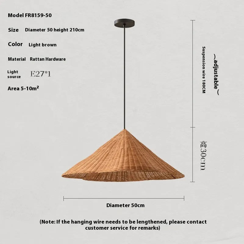Rattan woven ceiling lamp with natural texture in Silent Wind style, diameter options from 50cm to 80cm
