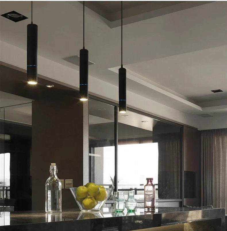 LED chandelier macaron spotlight with aluminium body, 60mm diameter, black finish, on ceiling with hanging wire