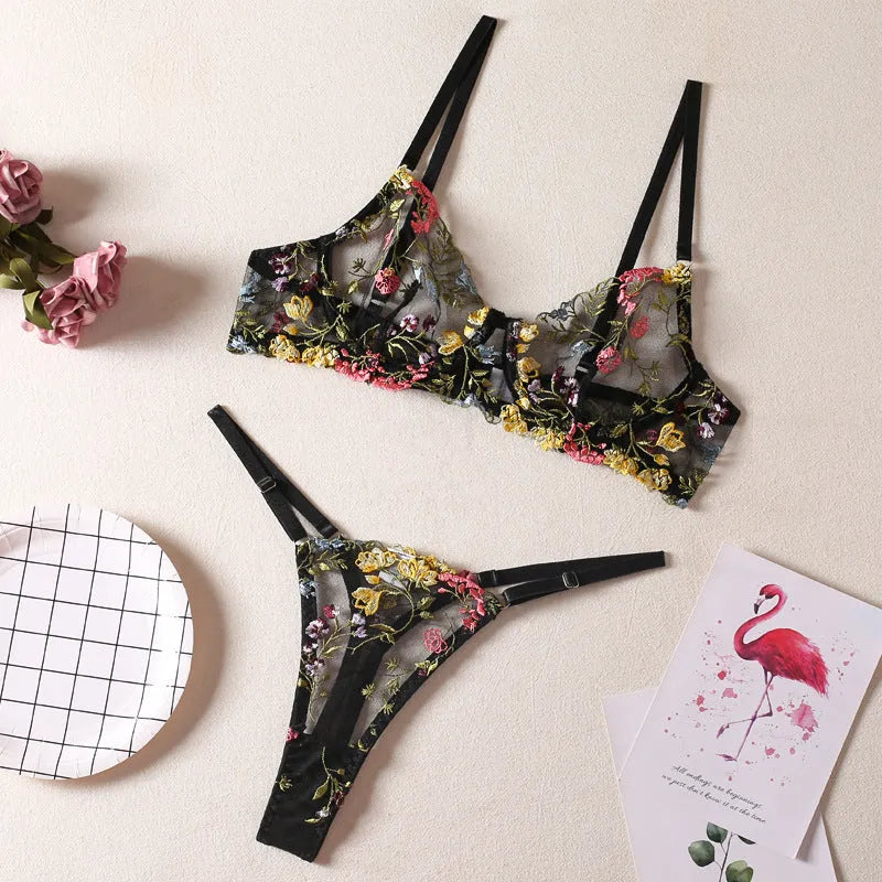 Women's floral mesh bra with steel ring T-back design and matching brief in five colour options