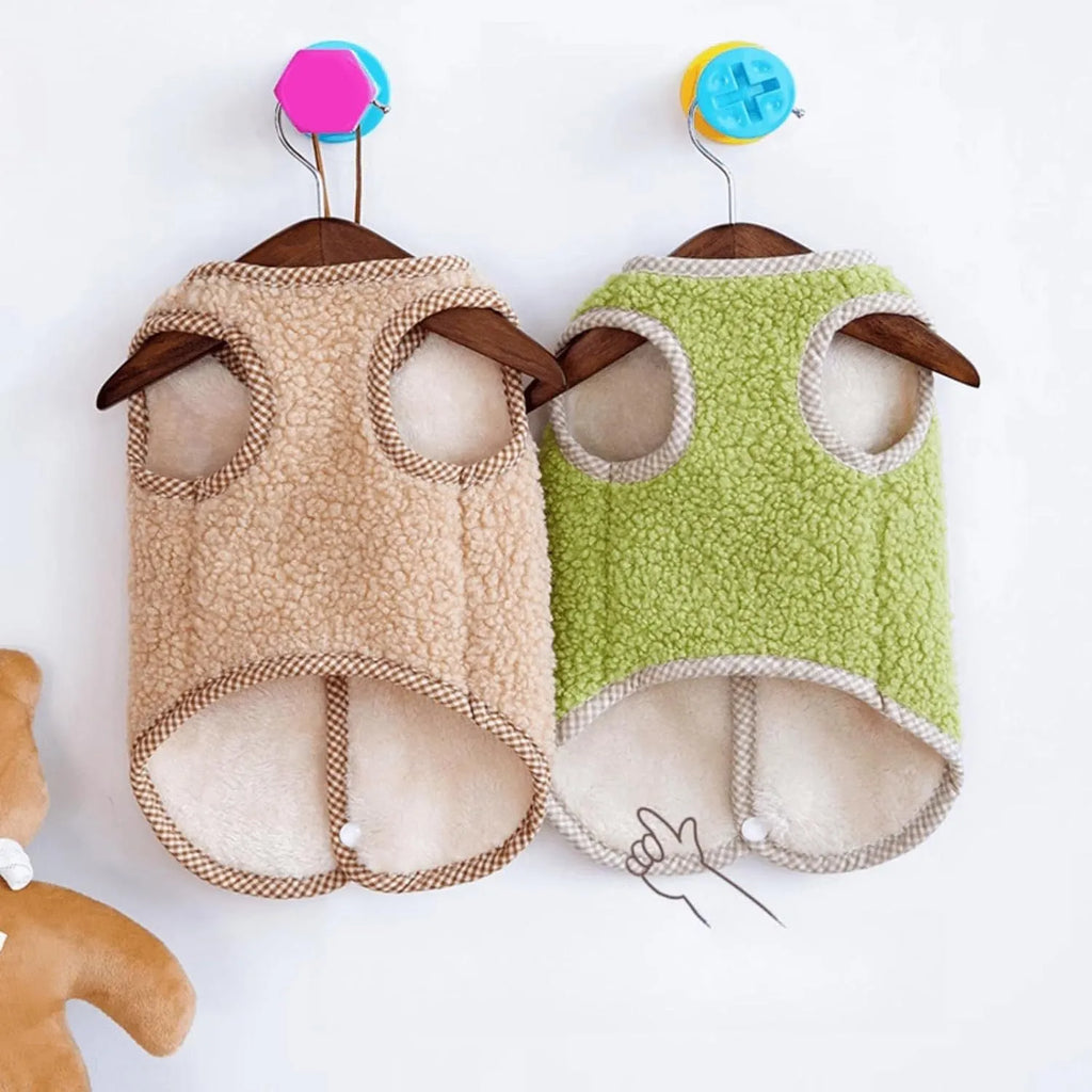 Green coral fleece dog sweatshirt vest with leash ring for winter wear