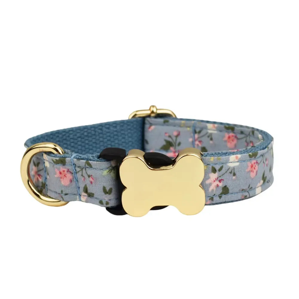 Flat fabric printed grid nylon dog collar with bone buckle closure in multiple colours