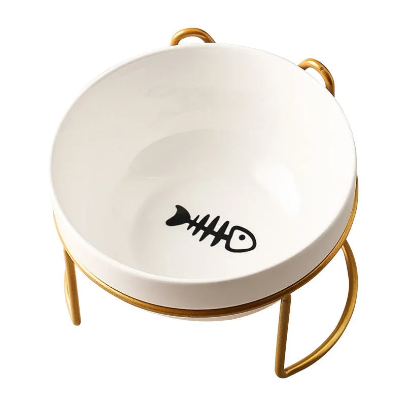 White ceramic cat bowl with iron frame in cat footprints design