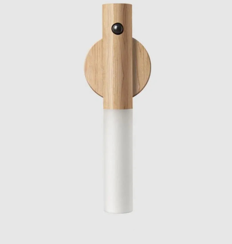 Smart sensor LED desk lamp in solid wood and organic glass with compact dimensions