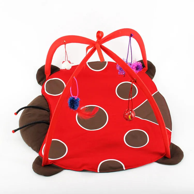Canvas cat playing bed in Coffee colour on wooden floor with cat toy