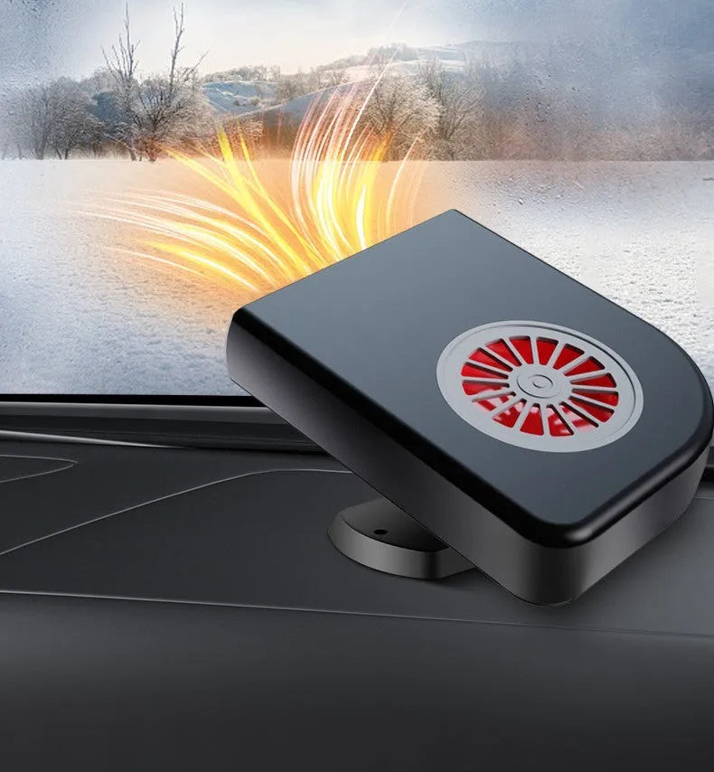 Black compact vehicle-mounted heater for car windscreen defrosting, shown with 12V plug.