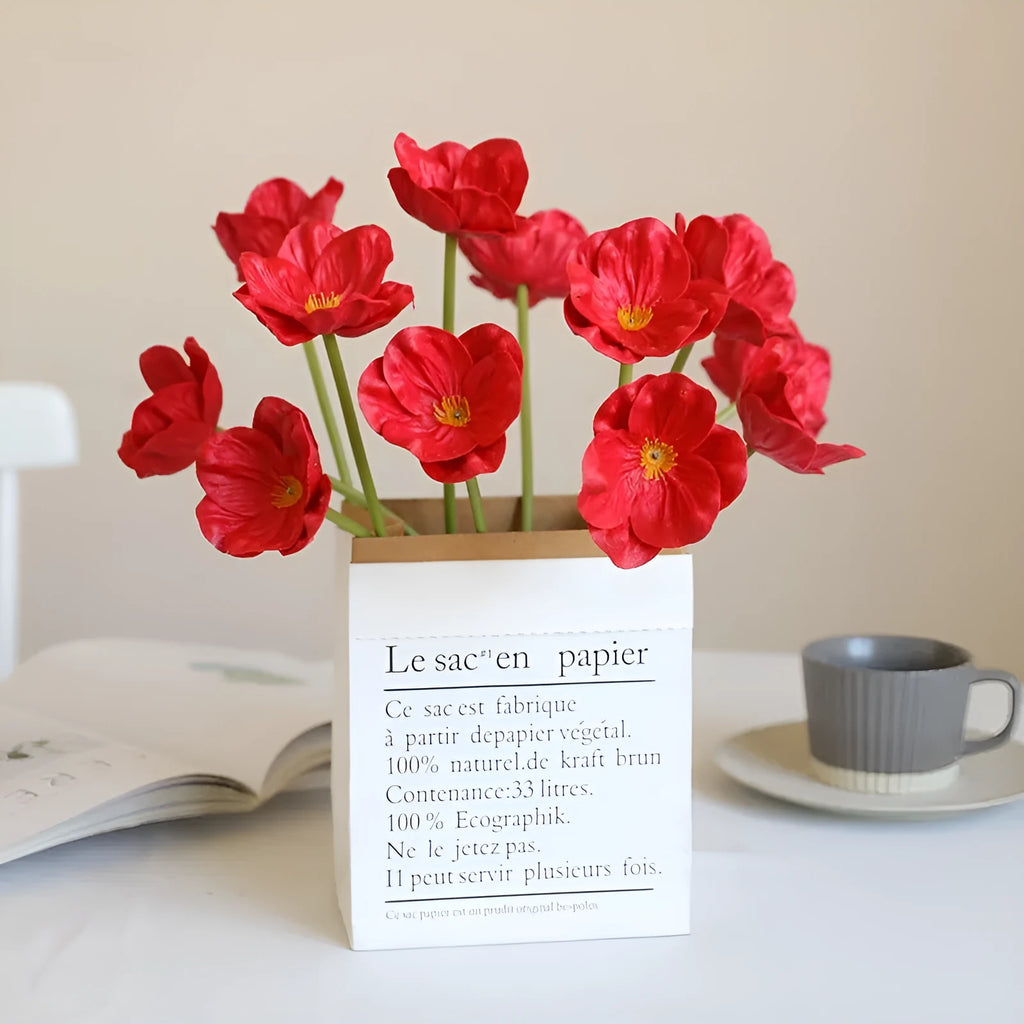 Fifteen artificial poppy flowers in bright red, dark purple, deep pink, orange, white, yellow made from PU material for wedding and home decor
