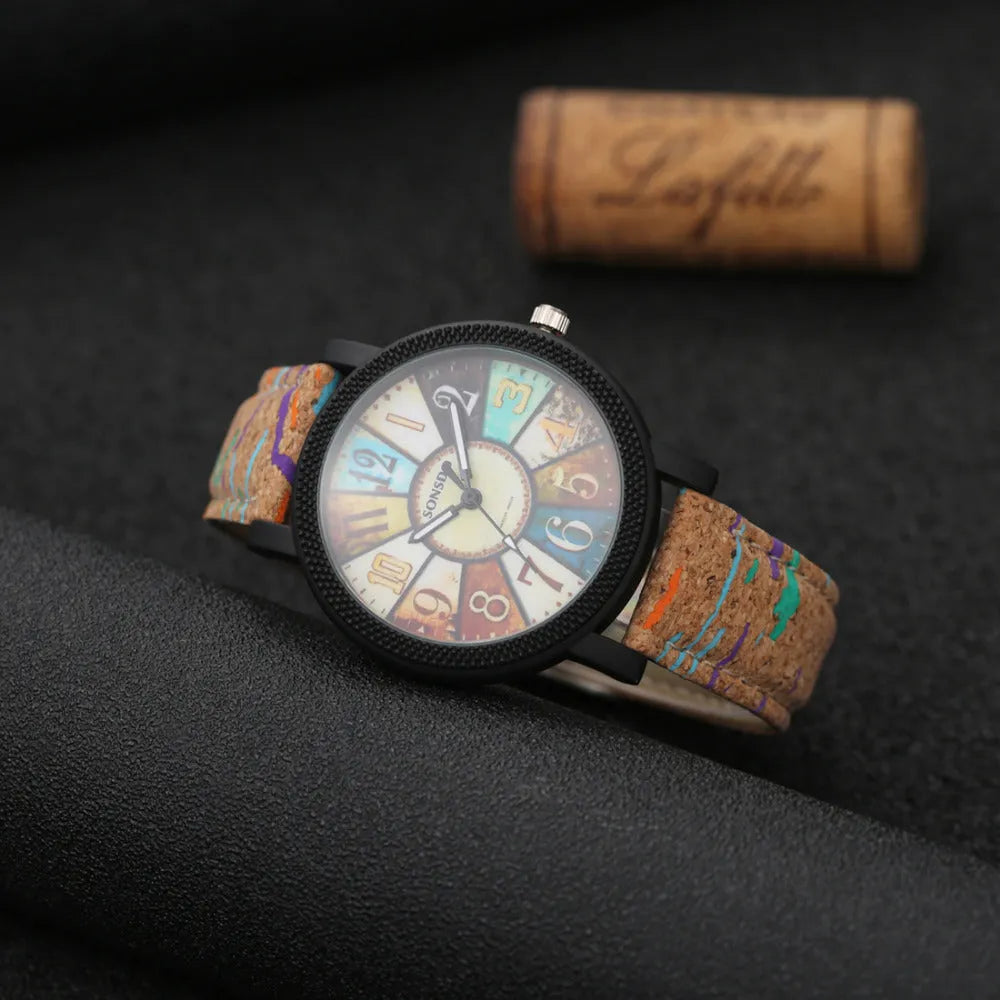 Women's vintage leather quartz watch with round 37mm dial and stainless steel buckle