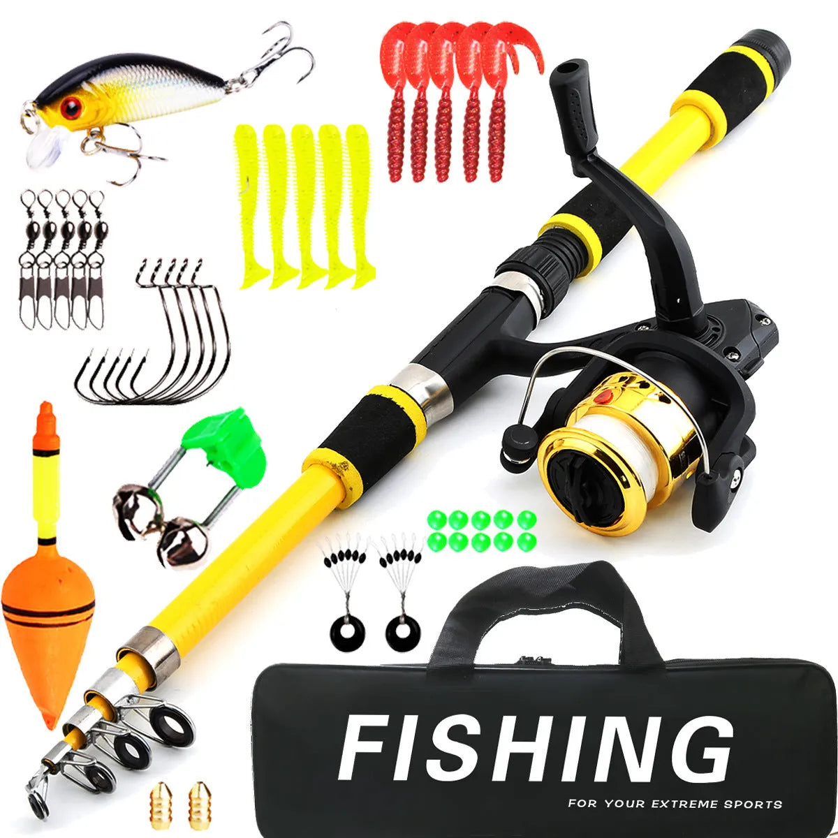 Children's fishing rod and reel starter set in multiple colour options with telescopic pole