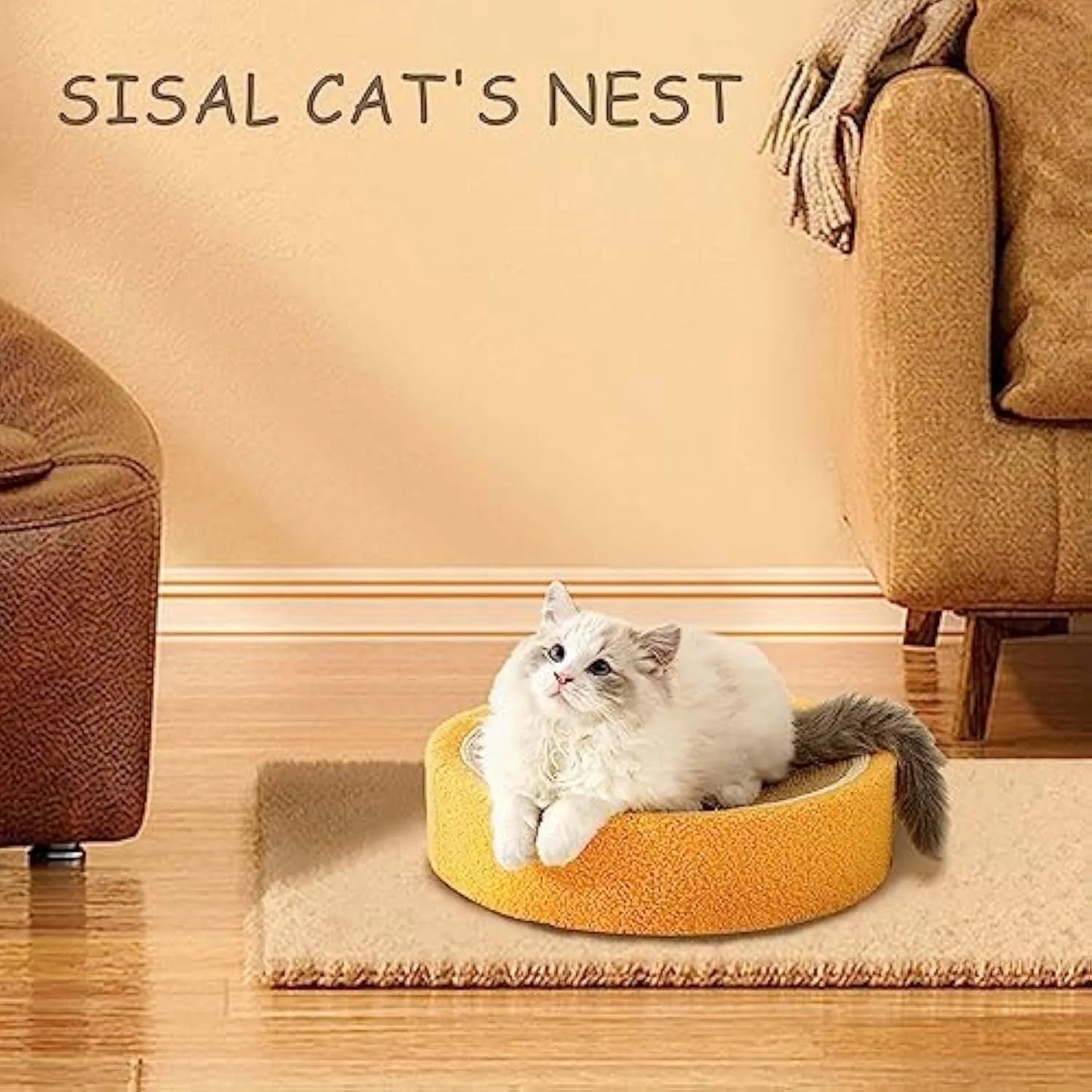 Yellow round cat scratching board with sisal surface and concave cat bed centre