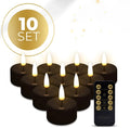 Pack of 10 black flameless LED tealight candles showing size and flickering flame effect.