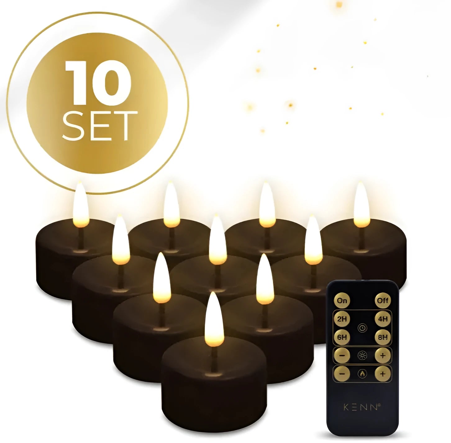 Pack of 10 black flameless LED tealight candles showing size and flickering flame effect.