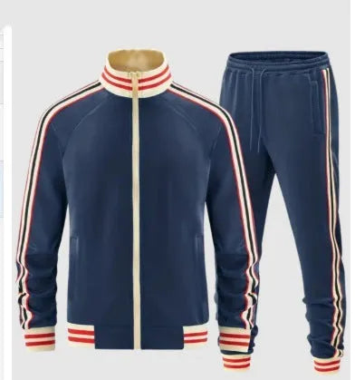 Men's khaki polyester streetwear tracksuit with zip-up turtleneck cardigan and matching trousers on a hanger.
