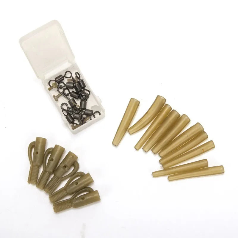 European carp fishing accessory set showing anti-winding pipes, threaded hoses, rotation pieces and screws