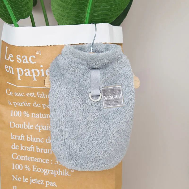 Coral fleece pet jacket with five-colour pull rings in blue, sizes S to XXL