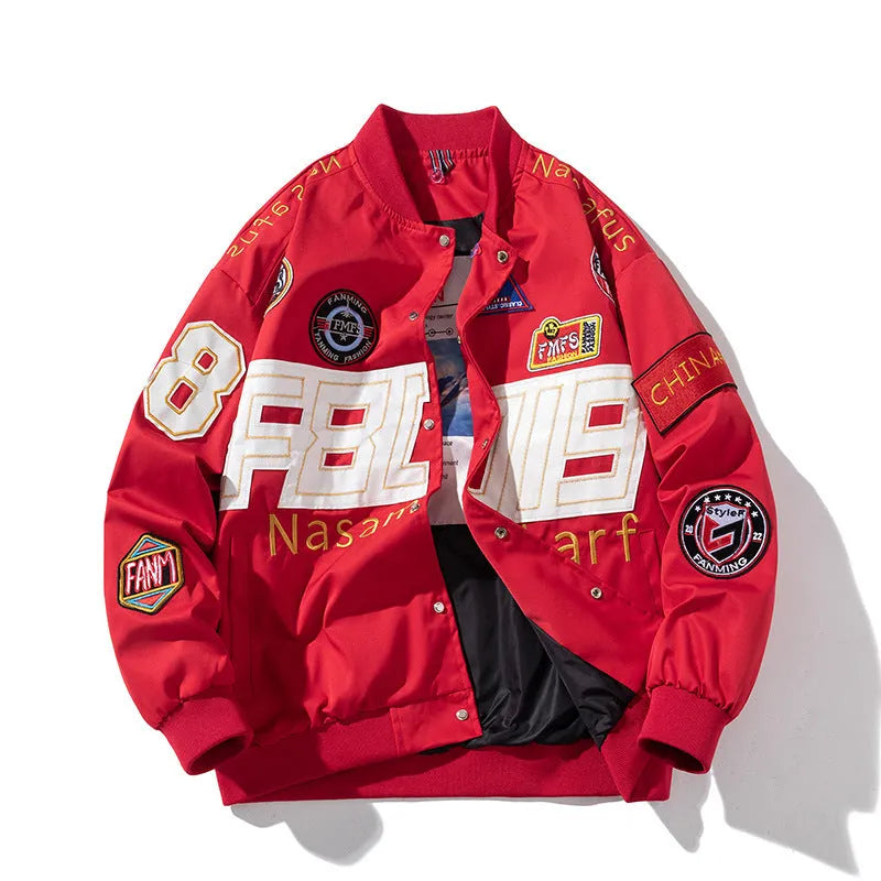 Black American motorcycle baseball jacket with removable hood and side pocket on a mannequin.