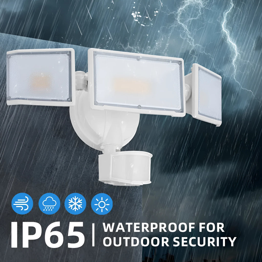 White or black LED security floodlight with motion sensor for outdoor wall or ceiling mounting