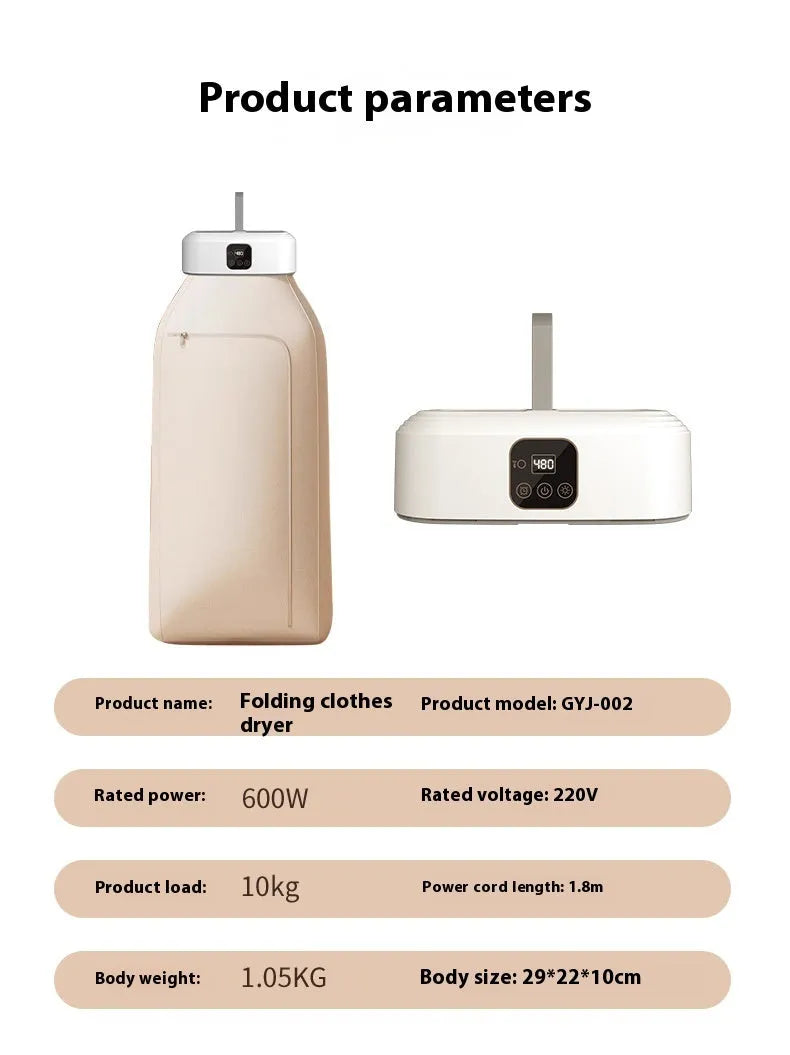 White cylindrical foldable clothes dryer with remote control for dormitory use