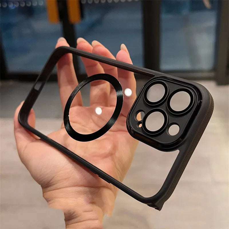 Creative Acrylic HD phone case for iPhone showing magnetic feature and clear hard shell in black colour