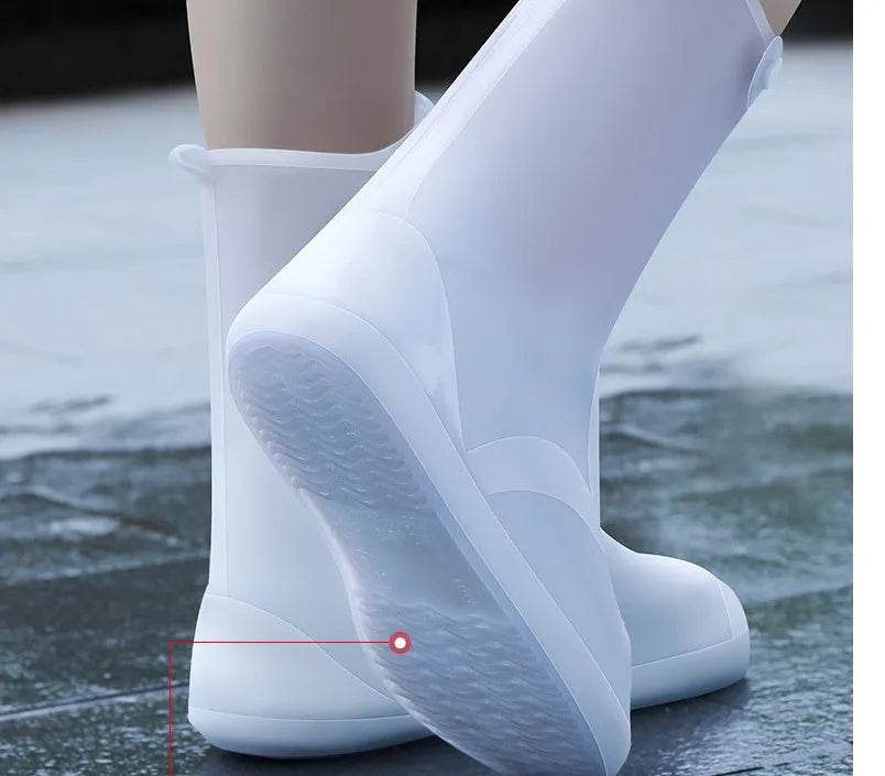 White PVC high top reusable waterproof shoe covers for women showing size options and water resistant design