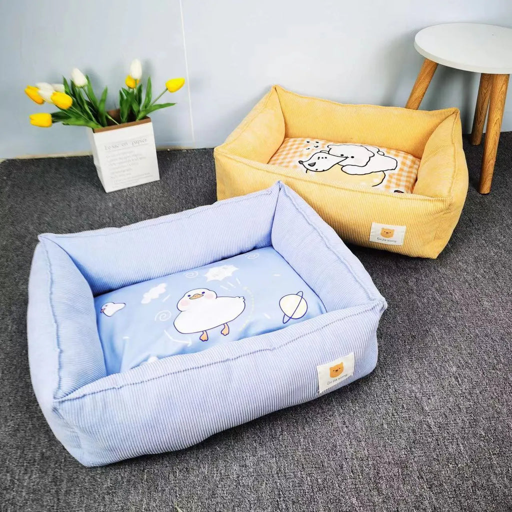Rectangular dog winter nest bed in a choice of eight colours and two sizes, made from soft velvet-style fabric.