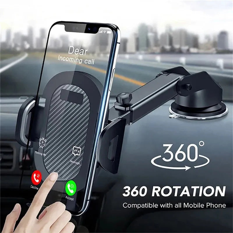 Black car windscreen phone holder for smartphones between 4 and 7 inches wide.