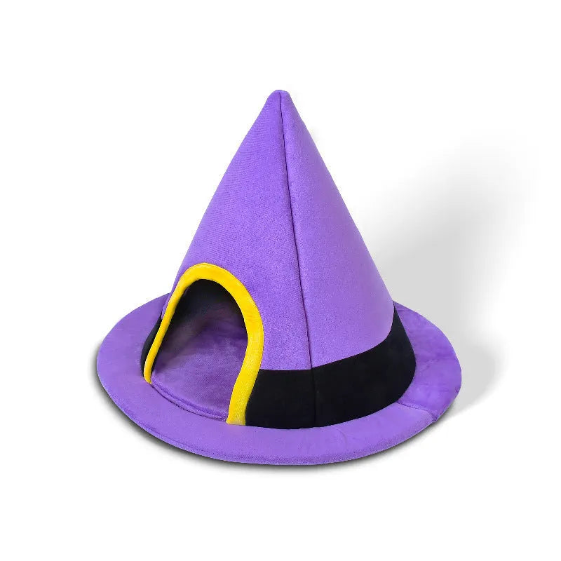 Purple witch hat shaped cat bed measuring 60x45cm with cloth construction