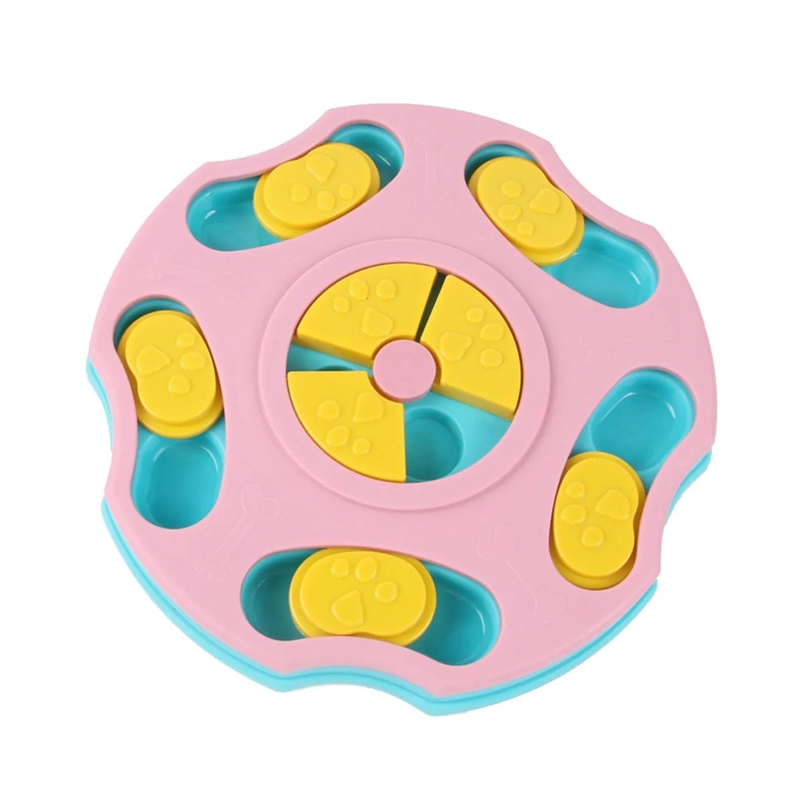 Blue dog puzzle food bowl with sliding compartments for interactive feeding games